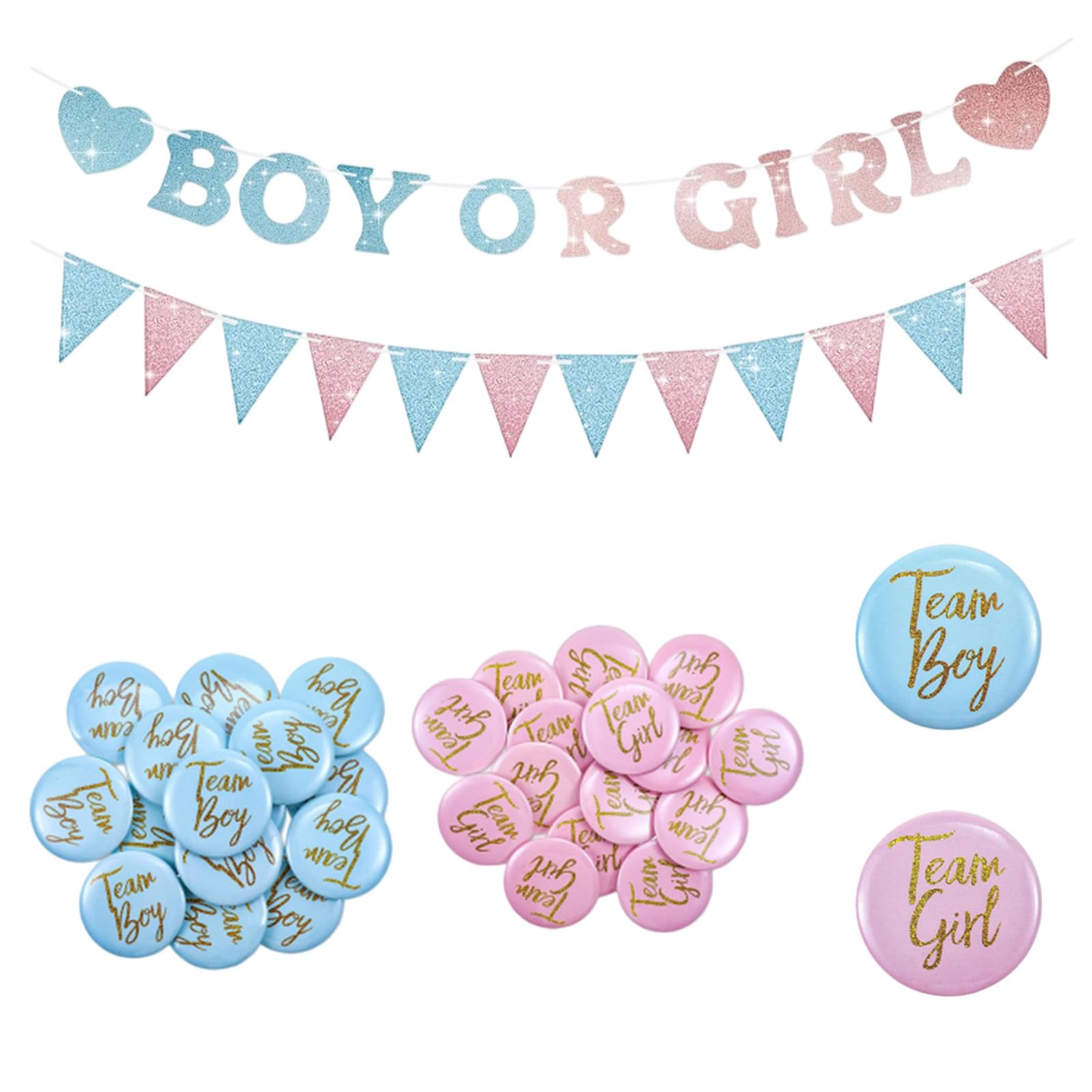 Guirlande Gender Reveal 3 m avec Fanions Cœurs 30 Badges Team Boy Girl Décor Rose Bleu Brillant Baby Shower