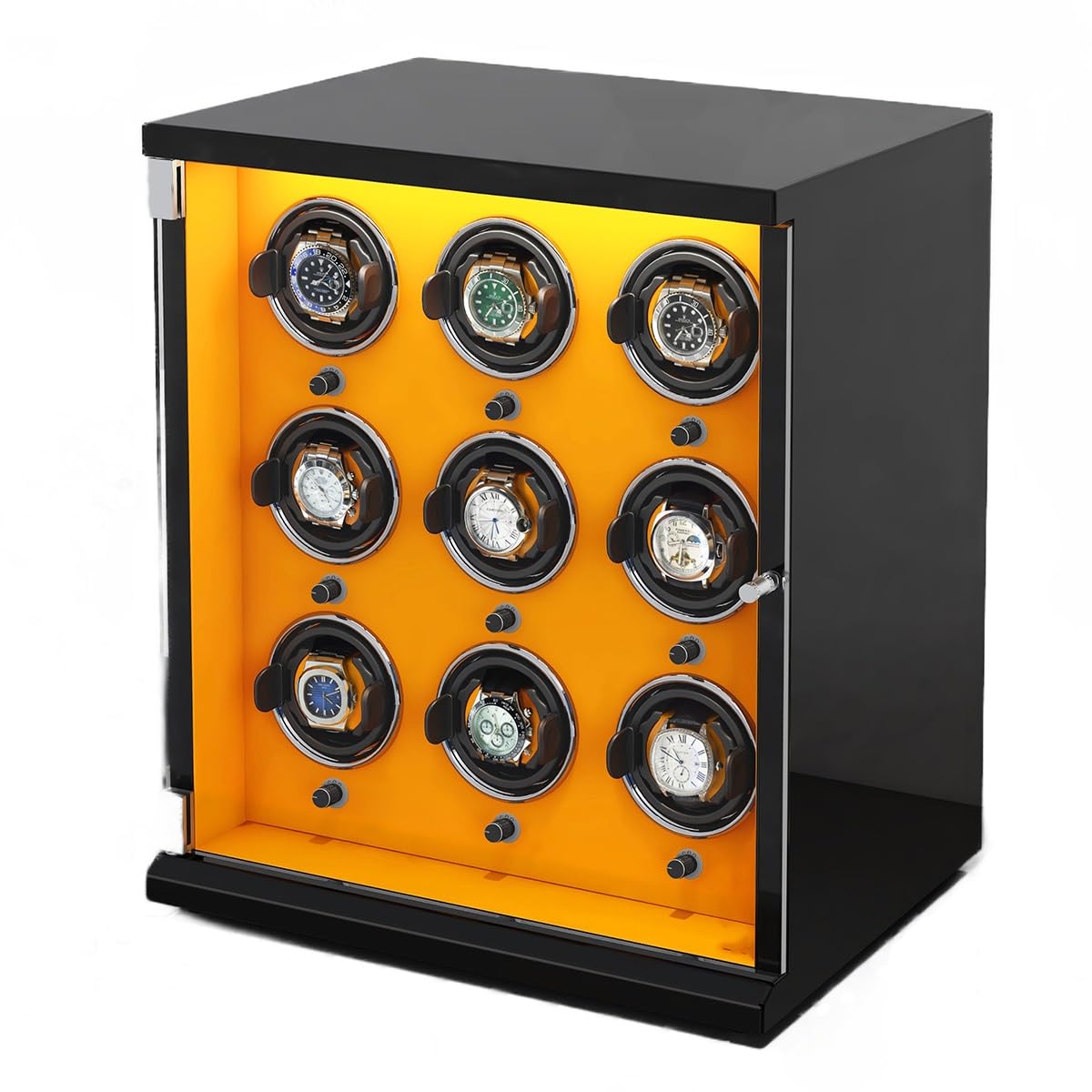 EHVYBDX Watch Winder for 9 Automatic Watches with Ultra-Quiet Motors Wood Case Piano Finish Flexible Pillow for Watches Built-in LED Lighting
