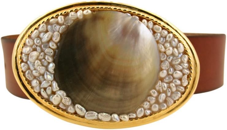 Women's Oval Oyster Shell Buckle And Leather Belt Natural large (34”)
