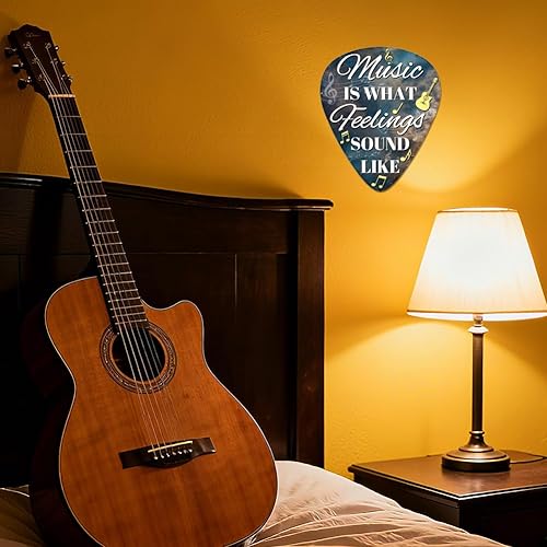 Miniatura 7 de GLOBLELAND Letrero de metal con diseño de púa de guitarra, diseño vintage con texto en inglés "Music is What Feelings Sound Like Signs", póster de