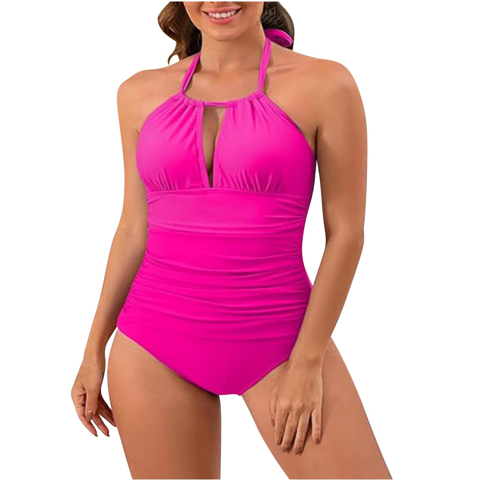 Bathing Suit for Women One Piece Tummy Control V Neck Ruched Push up Solid Swimsuits Sexy Vintage Slimming