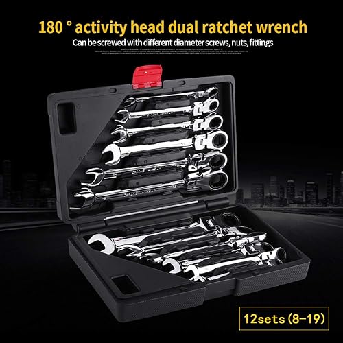 Miniatura 4 de Juego de llaves de trinquete, 12 piezas de 0.315-0.748 in, acero al cromo vanadio, cabeza flexible, juego de llaves combinadas de trinquete con