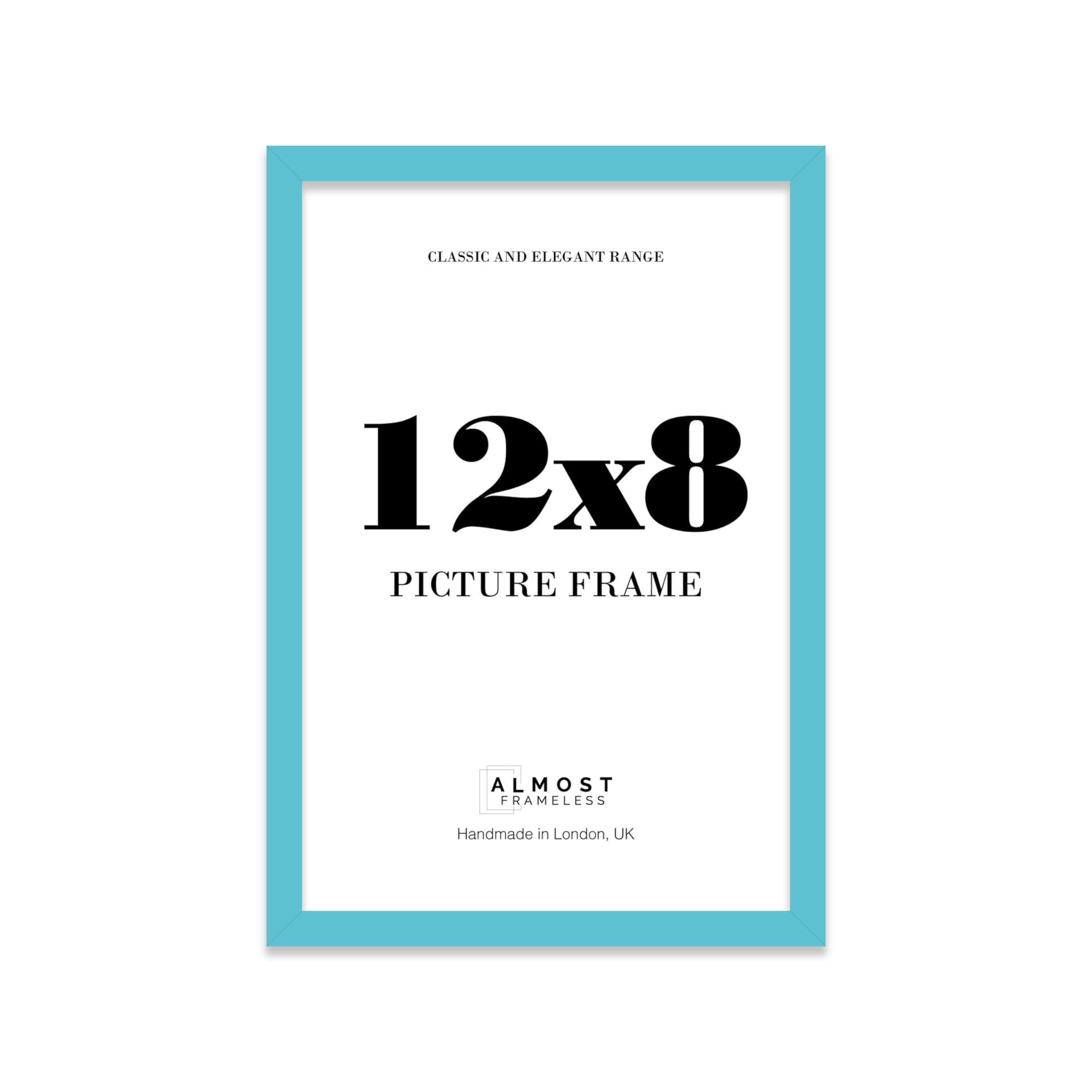Almost Frameless 12x8 Turquoise Picture Frame 12"x8"(30.5x20.3cm) Poster, Photo, Artwork, or Print. Thin Edge Slim Frame Portrait and Landscape Display with Wall Hooks