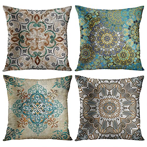 Emvency Set of 4 Throw Pillow Covers Vintage Abstract Boho Brown Green Teal and Grey Plant Leaf Floral Decorative Pillow Cases Home Decor Standard Square 18x18 Inches Pillowcases