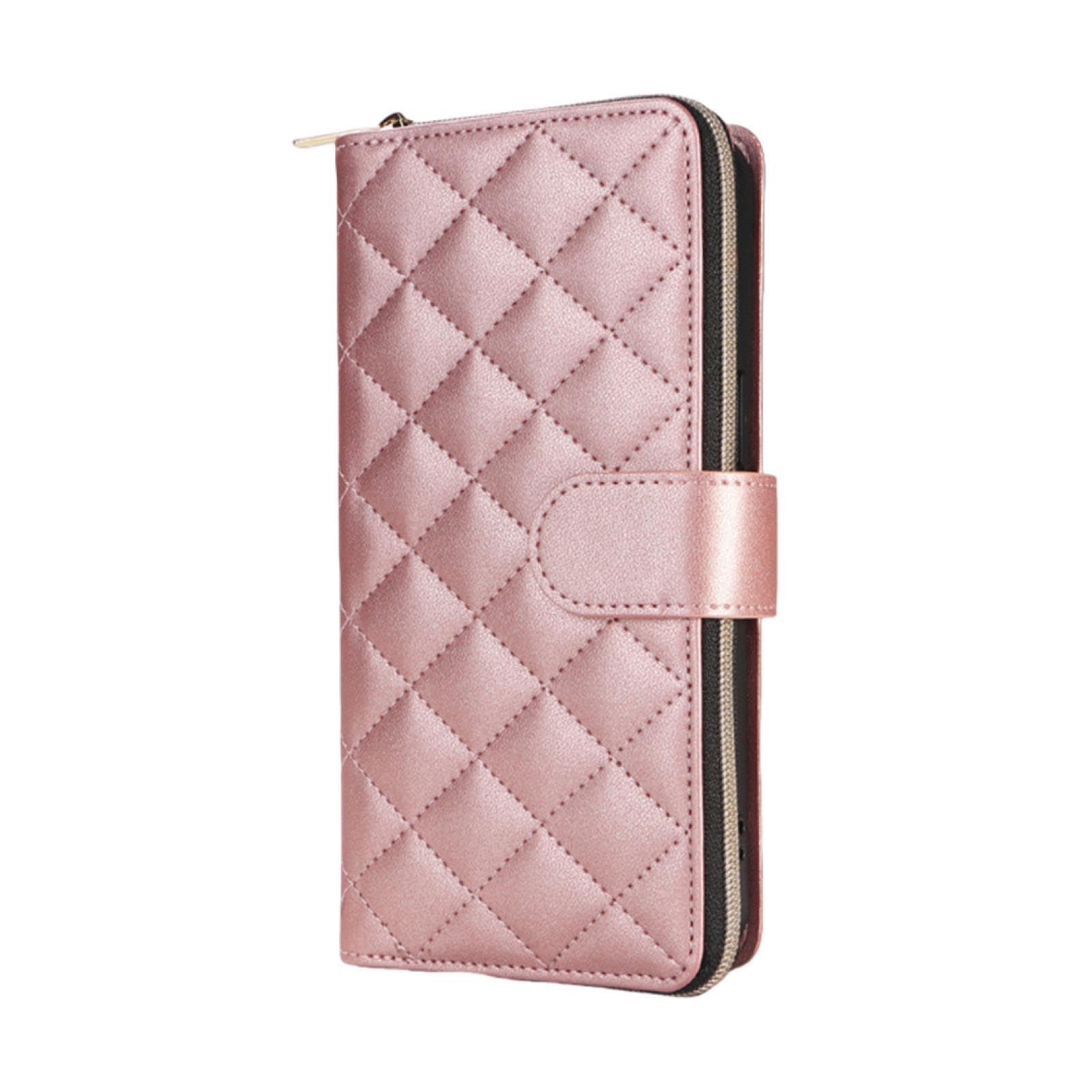 Per iPhone 14 Portafoglio in pelle con cerniera e porta carte di credito, con tracolla e laccio, custodia a ribalta (per iPhone 14/rosa)