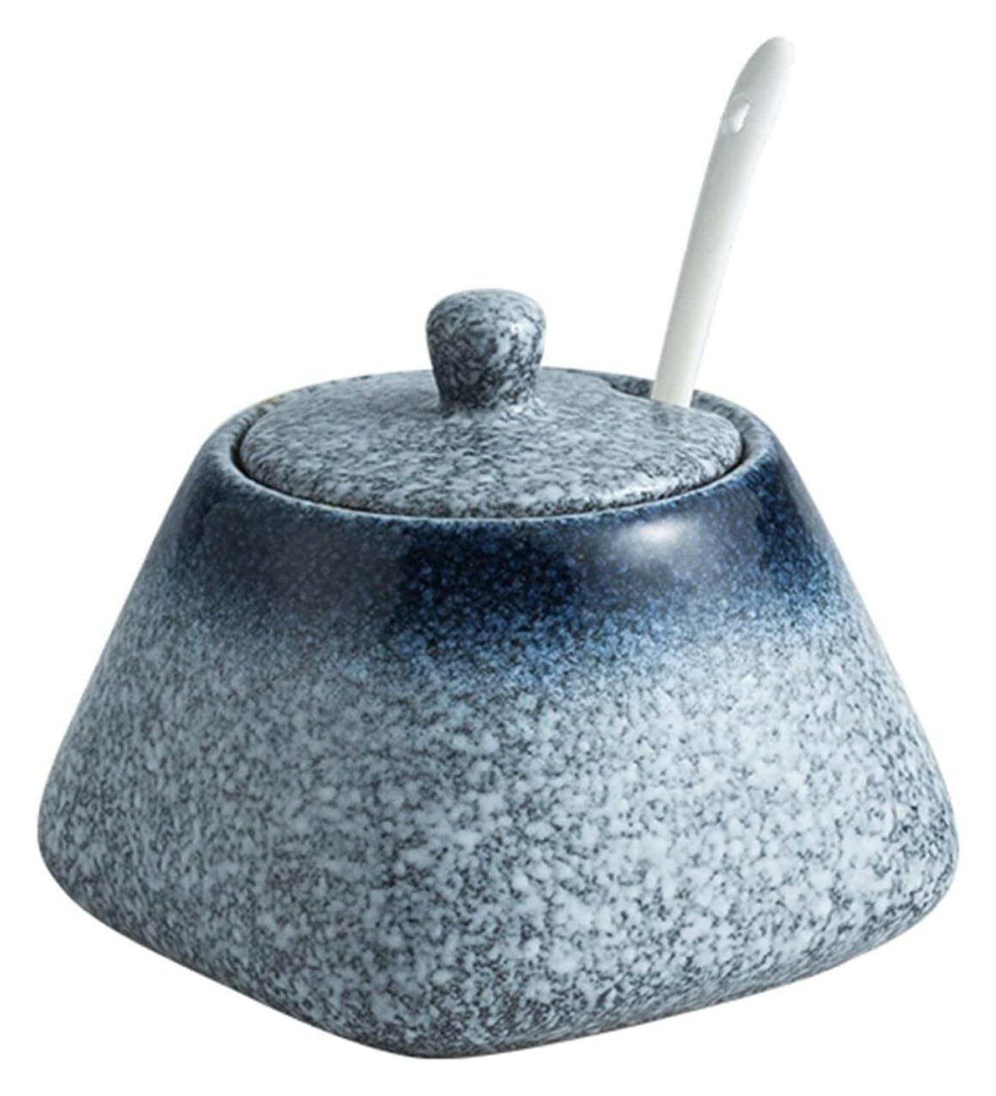 Sucrier, sucrier, sucrier en céramique de couleur unie avec couvercle, sucrier en porcelaine avec cuillère, petit pot à sel, pot de rangement, for café-bar, restaurant(Blue)