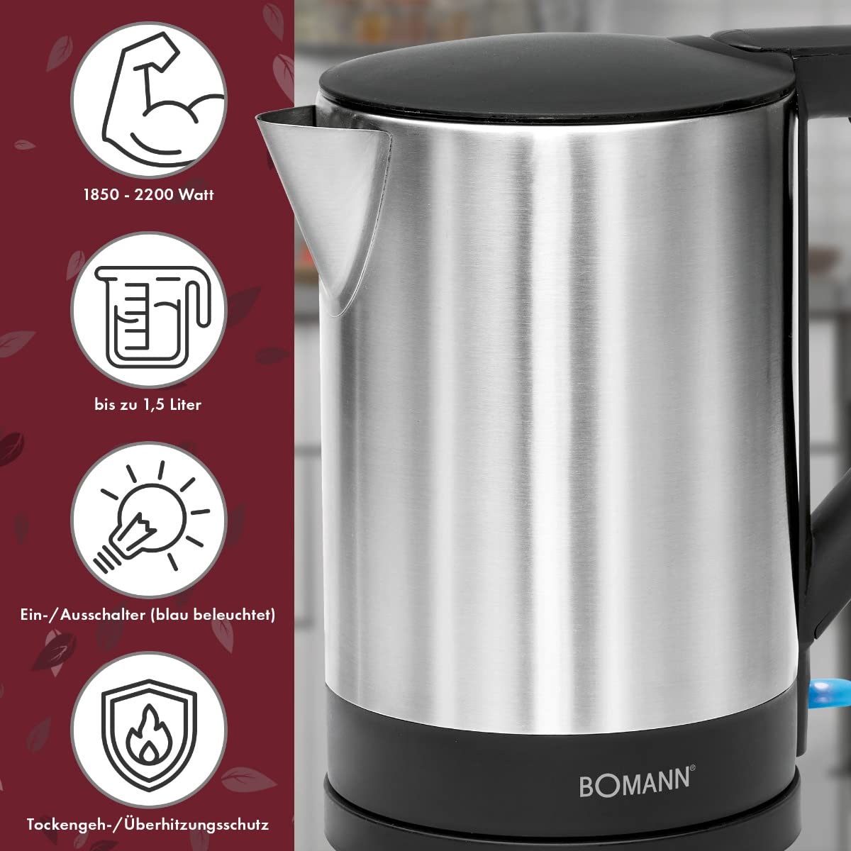 Bollitore elettrico - Bollitore elettrico - Bollitore in acciaio - Bollitore Bomann WKS 3002 CB 1,5 litri acciaio inox/nero - 2200 Watt - sistema di spegnimento automatico