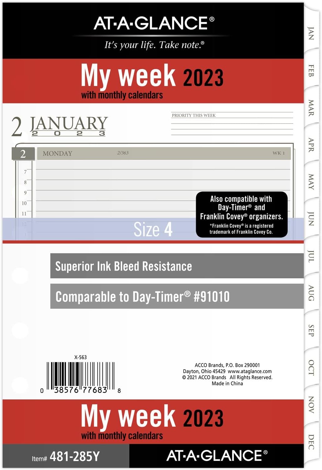 At-A-Glance 2023 Weekly & Monthly Planner Refill, Hourly, 91010 Day-Timer, 5-1/2" x 8-1/2", Size 4, Desk Size, Loose Leaf, Monthly Tabs (481-285Y), Brown