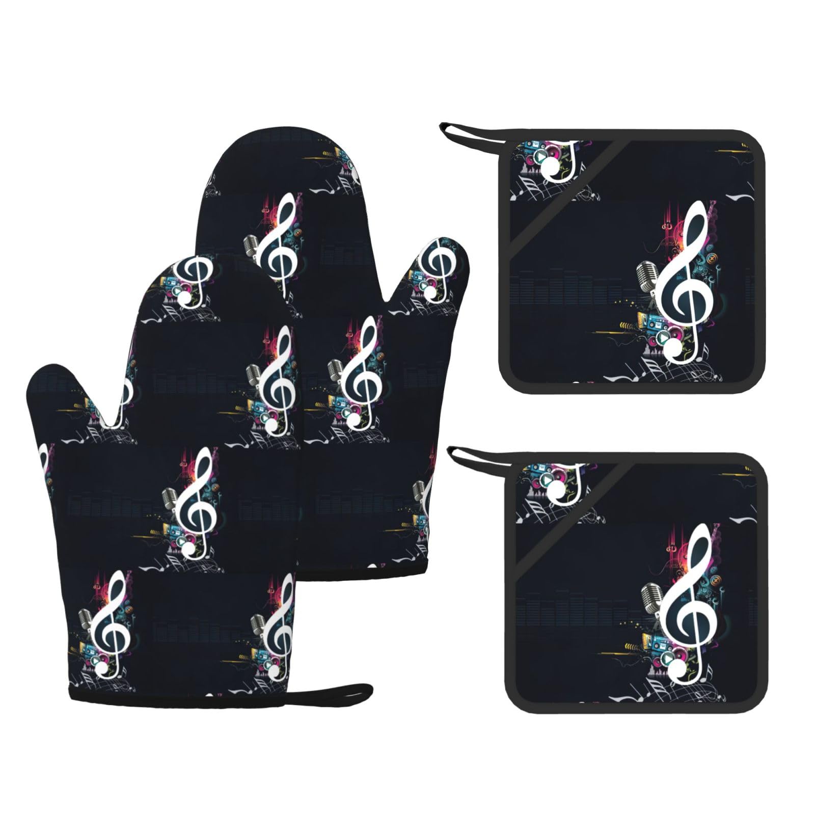 Lot de 4 maniques notes de musique et gants de cuisine antidérapants pour barbecue