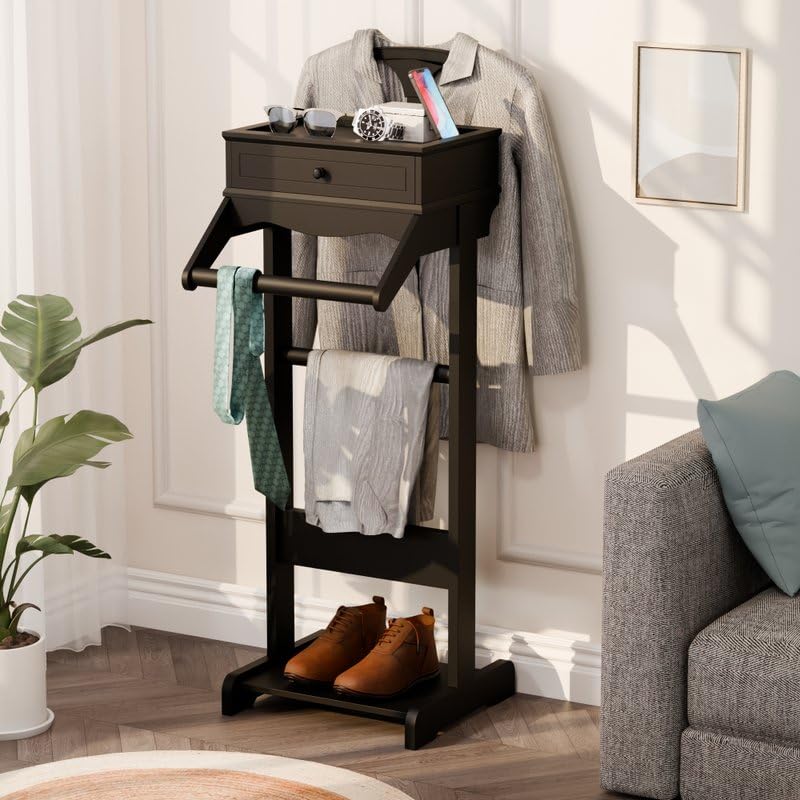 Wooden Valet Stand for Men, Suit Valet Stand with Top Tray, Storage Drawer, Bottom Shoe Rack, Freestanding Clothes Rack for Living Room, Entryway, Bedroom (Black with 1 Storage Drawers)