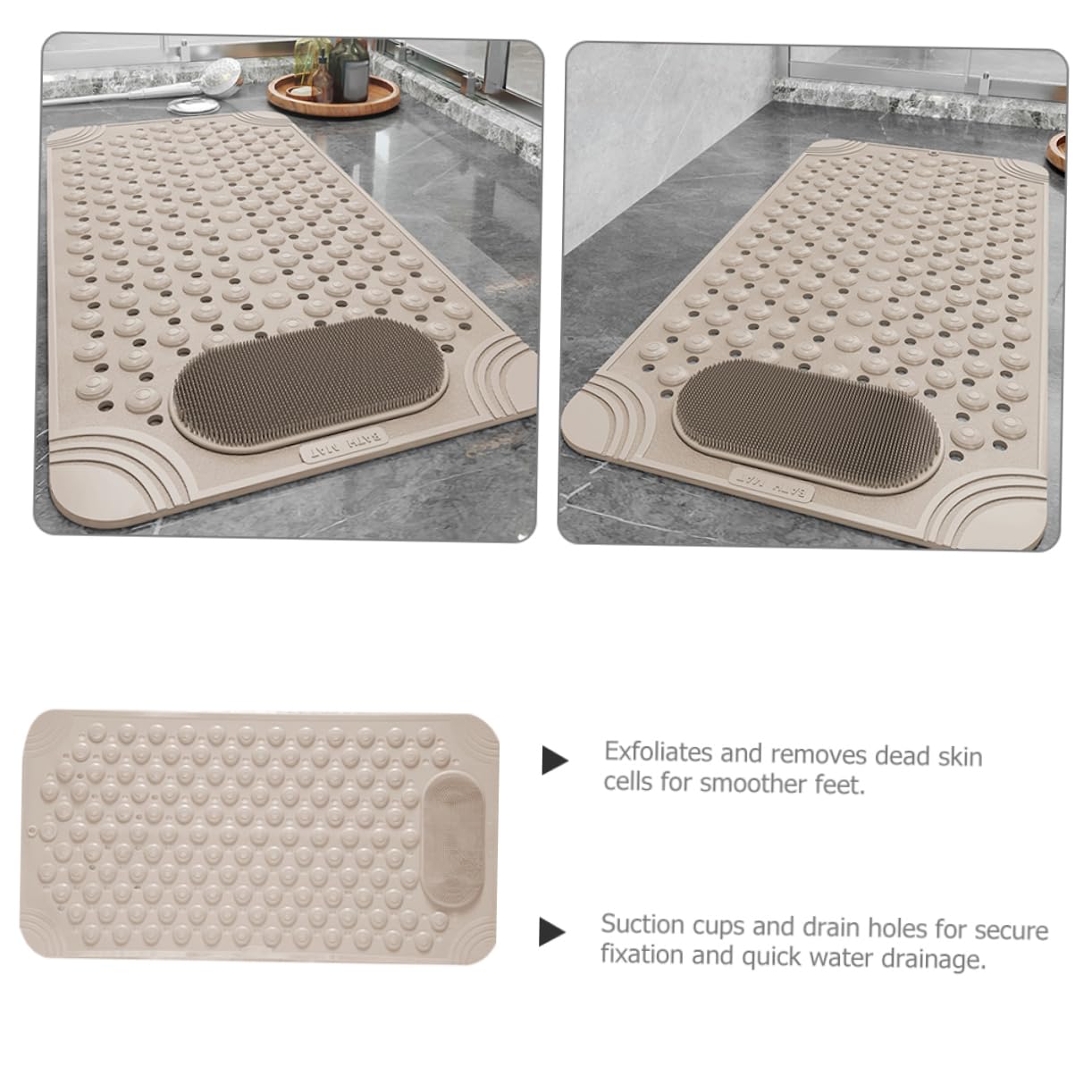 Mobestech Alfombrilla para Ducha Antideslizante de PVC Beige con Ventosas y Orificios de Drenaje, Almohadilla de Masaje para Pies Resistente y Exfoliante para Baño