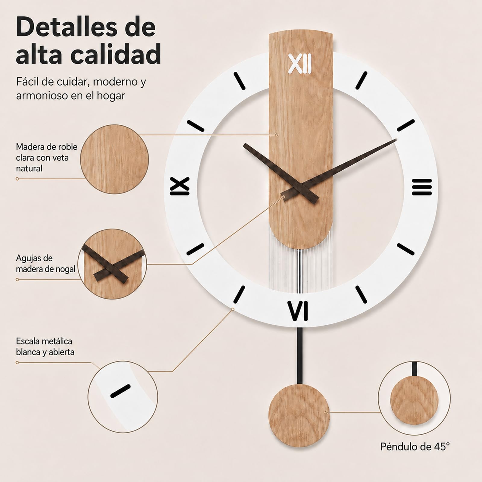 LANMOU Reloj de Pared Grande Salon con Pendulo, Marco Metalico Decorativo | Movimiento Quartz Silencioso para Estudio y Recibidor, Numeros Romanos Visibles, Moderno Blanco, 40 * 55cm