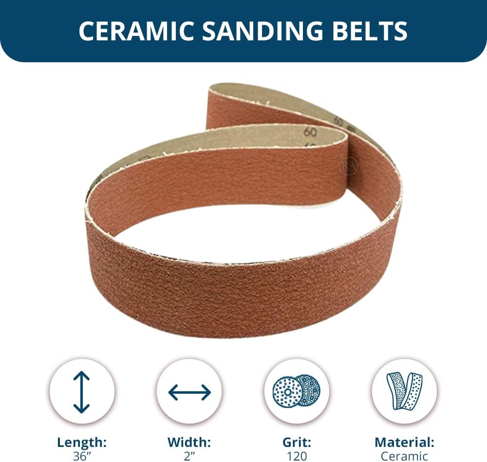 Benchmark Abrasives 2" x 36" Ceramic Sharpening Sanding Belts for Grinding Deburring Polishing Rust Removal on Metal, Stainless Steel, and Carbon Steel, Use with Belt Disc Sander (6 Pack) - 120 Grit