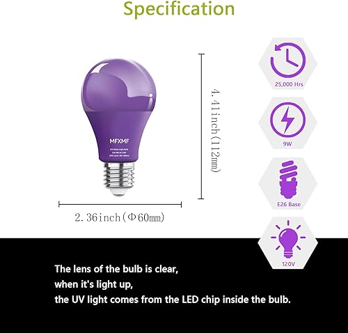Miniatura 7 de mfxmf Paquete de 12 bombillas LED negras A19, 9 W (equivalente a 100 W), base E26, luces negras con base E26, nivel UVA 385-400 NM, brillan en la