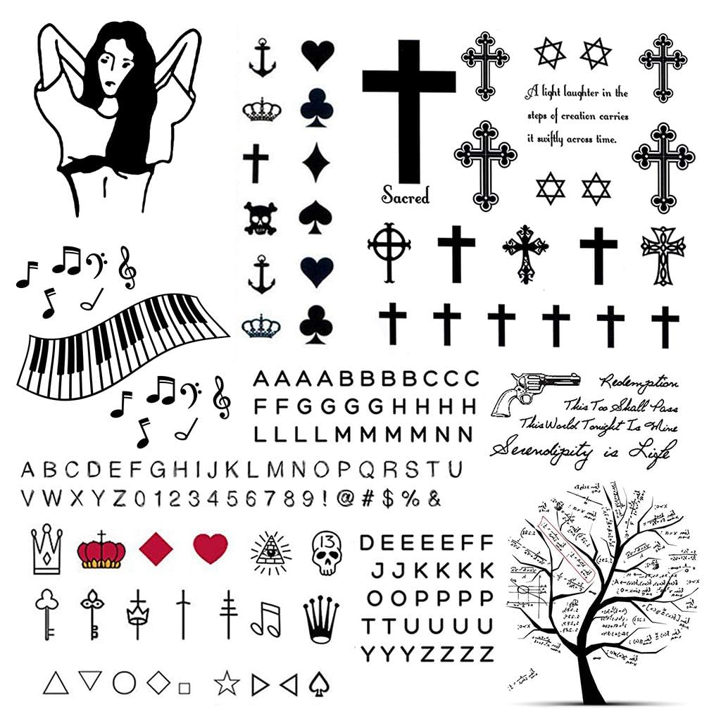CARGEN 2 Sheets Alphabet Tattoo Stickers Finger Literature Temporary Tattoos Black Fake Realistic Waterproof Alphabet Script Cross Crown Tattoos for Adults Women Men and Boys Girls
