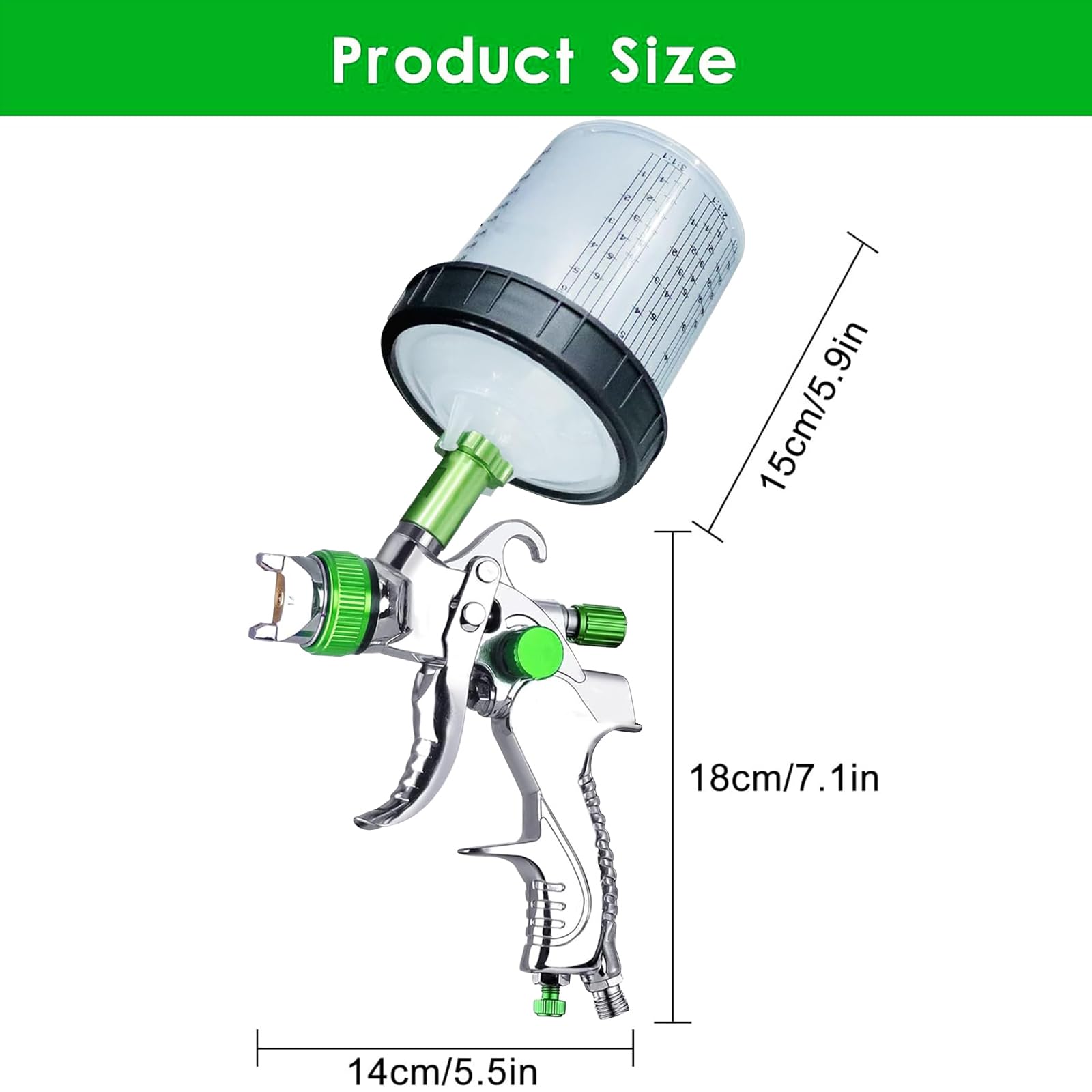 HVLP Spritzpistole,Neueste Autolackierpistole mit Manometer, 1,4mm 1,7mm 2,0mm Düsen mit 600ML Einwegbechern&Farbmischbecher für Auto-Möbel-Lackierung (Grün)