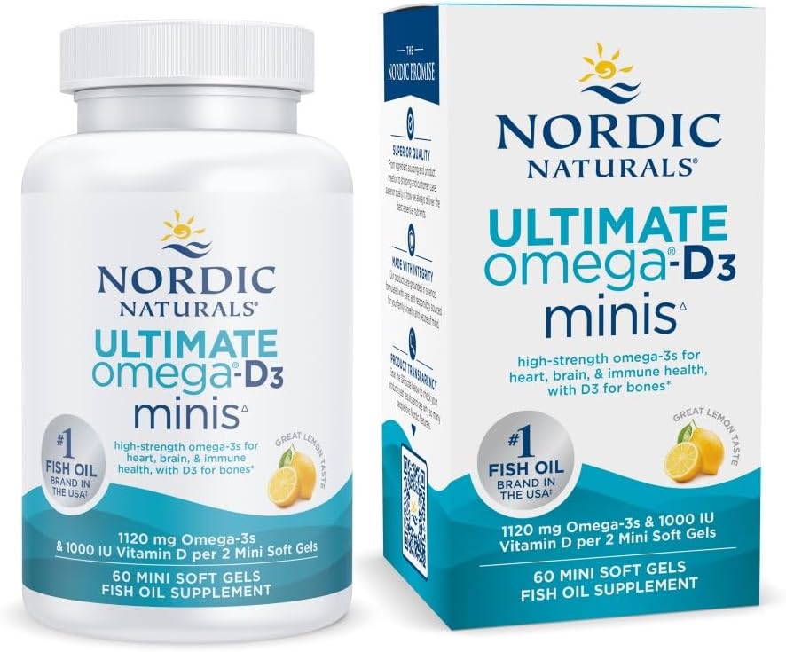 Nordic Naturals Ultimate Omega Mini D3, Lemon Flavor – 60 Mini Soft Gels – 1120 mg Omega-3 + 1000 IU Vitamin D3 – EPA & DHA – Promotes Brain & Heart Health – 30 Servings Nordic Naturals Ultimate Omega Mini D3, Lemon Flavor – 60 Mini Soft Gels – 1120 mg Omega-3 + 1000 IU Vitamin D3 – EPA & DHA – Promotes Brain & Heart Health – 30 Servings