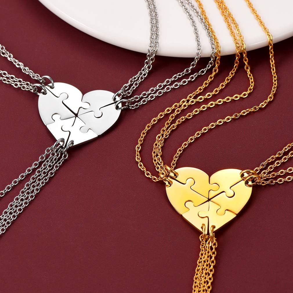 FaithHeart BFF Puzzle Stitching Necklace 2/3/4/5/6/7/8 Pcs Stainless Steel Personalized Name Heart Pendants Family Love Jewelry Free Engrave Friendship Forever Necklaces Set with Delicate Packaging