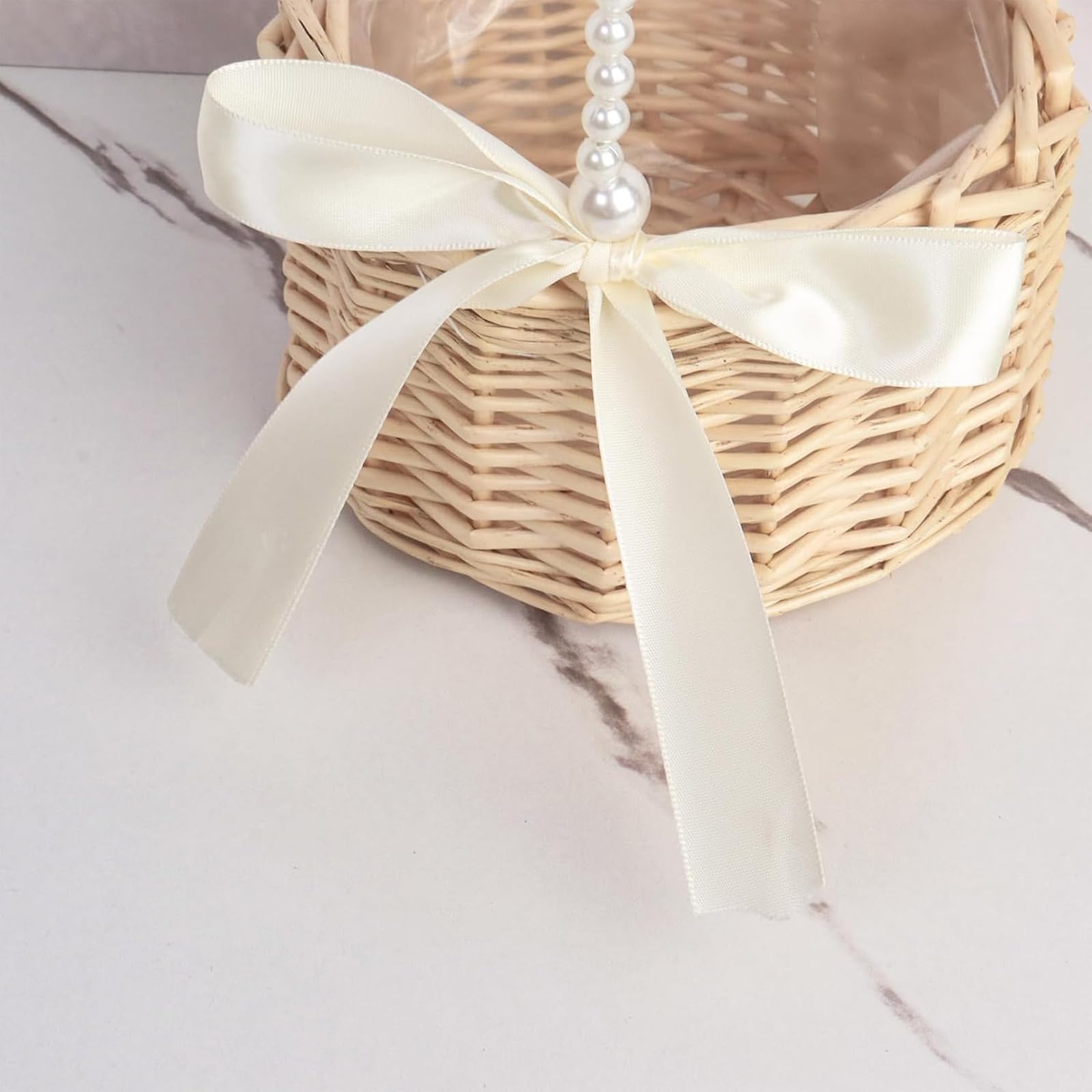 Blumenmädchen Körbe 2er Set Rattan - Mit Perlengriff Und Schleife Für Hochzeiten