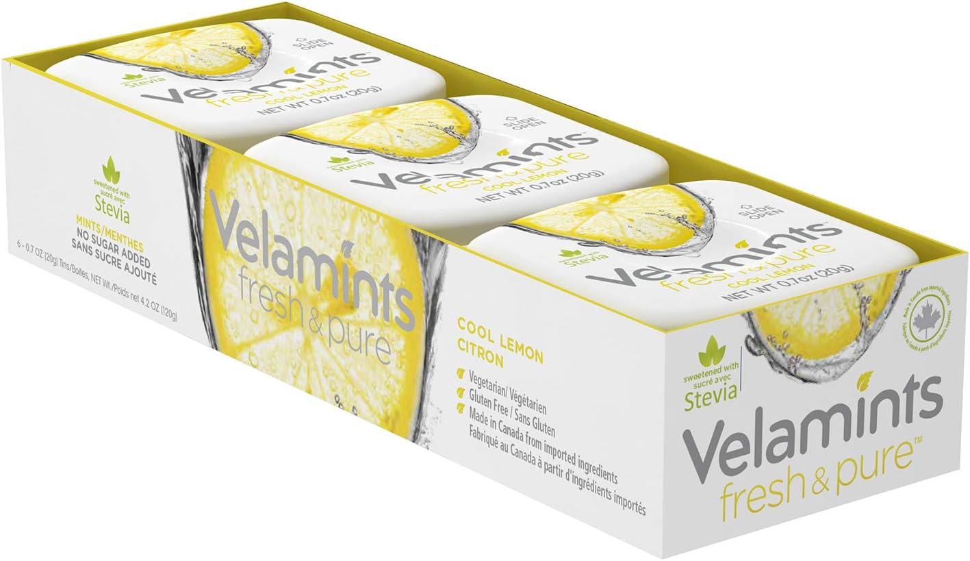 Velamints Fresh Cool Lemon Mints Tin - Sugar Free Mint Sweetened with Stevia