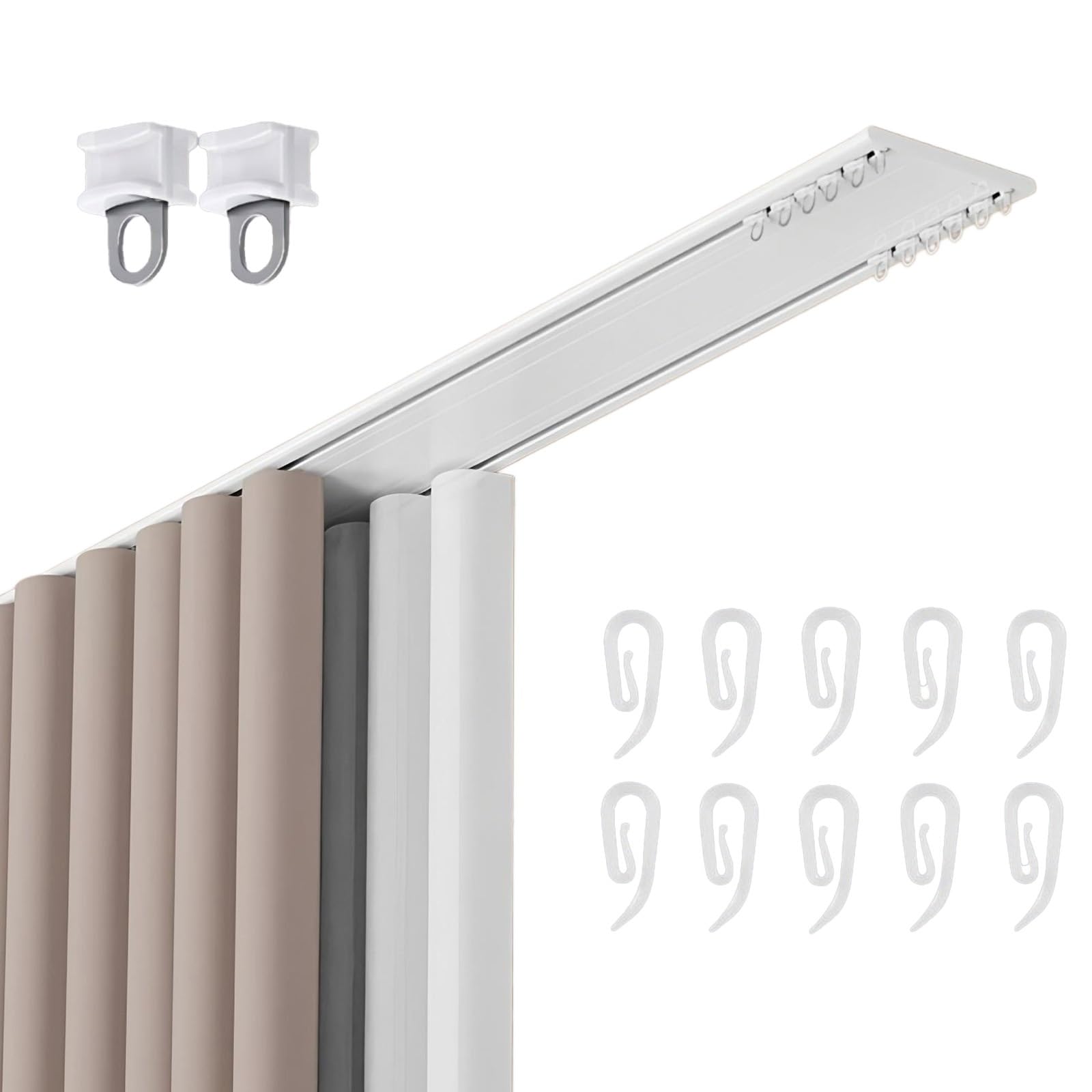 Binario per Tenda A Doppia Fila Silenzioso, Ultra-Sottile Binario Tenda Soffitto Alluminio Scorrevole Bastone Tenda Spessore 6mm con Carrucola E Gancio(Champagne,220cm(86.4in))