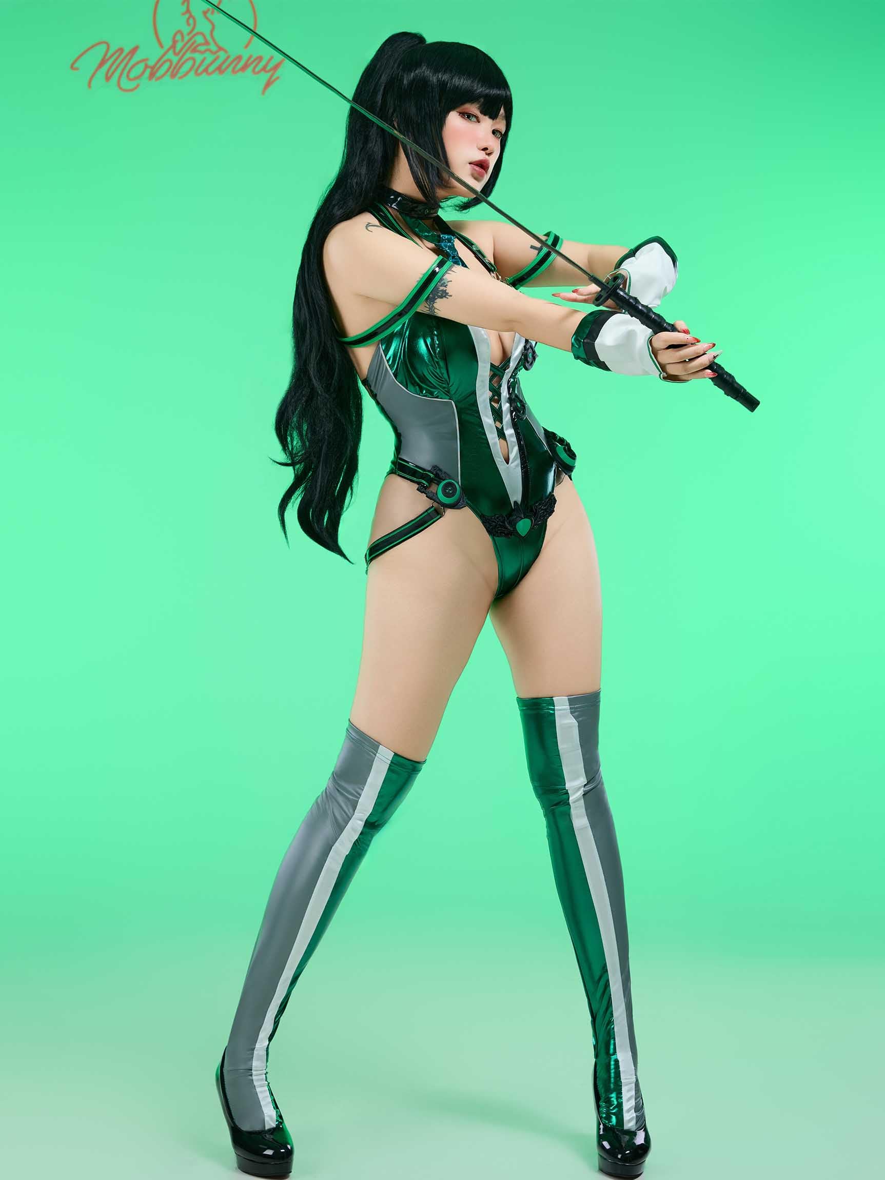 Mobbunny Women Game Cosplay Costume Sexy Bodysuit Cutout Jumpsuit Lingerie Bodycon with Stocking Glove Halloween: X-Large Green