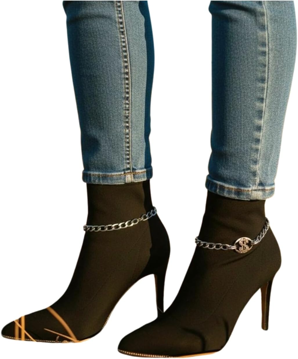 Trendy Fashion Jewelry Women’s Silver Metal Boot Chain Bracelet Set – Western Biker Bling Anklet Pair with Dollar Sign Charm $ – Shoe Charm Strap Accessory for High Heels & Ankle Boots – 11"-15" BC2