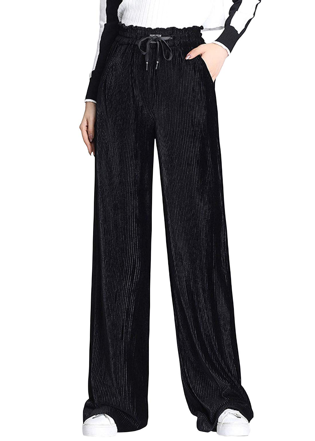 ebossy Womens Drawstring Elastic Waist Relaxed Velvet Wide Leg Palazzo Pants
