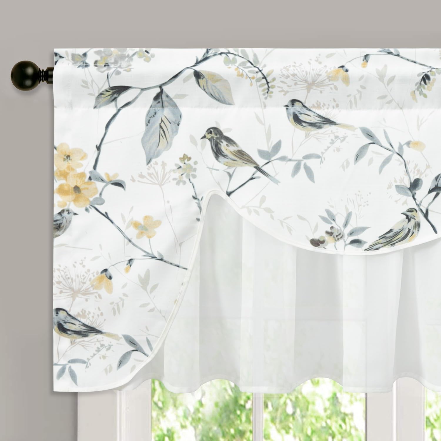 VOGOL Grey Bird Kitchen Valance, Farmhouse Dual Layer Voile Linen Look Drape for Cafe Curtains, Rod Pocket Short Window Pelmet Decor for Bedroom Living Room, 1 Panel, 132×49 cm — image 1