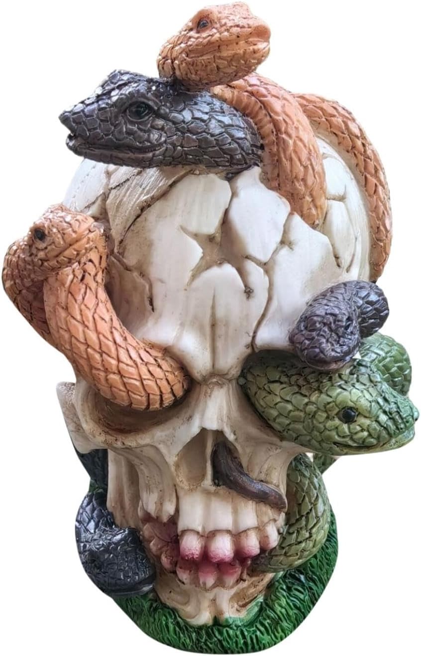 Halloween Skull Figurine, Ancient Egyptian Mythology Skull with Solid Snake Figure Long Pharaoh Diadem Skeleton Halloween Decorations for Garden Table Indoor Outdoor Home Decor (Style A)