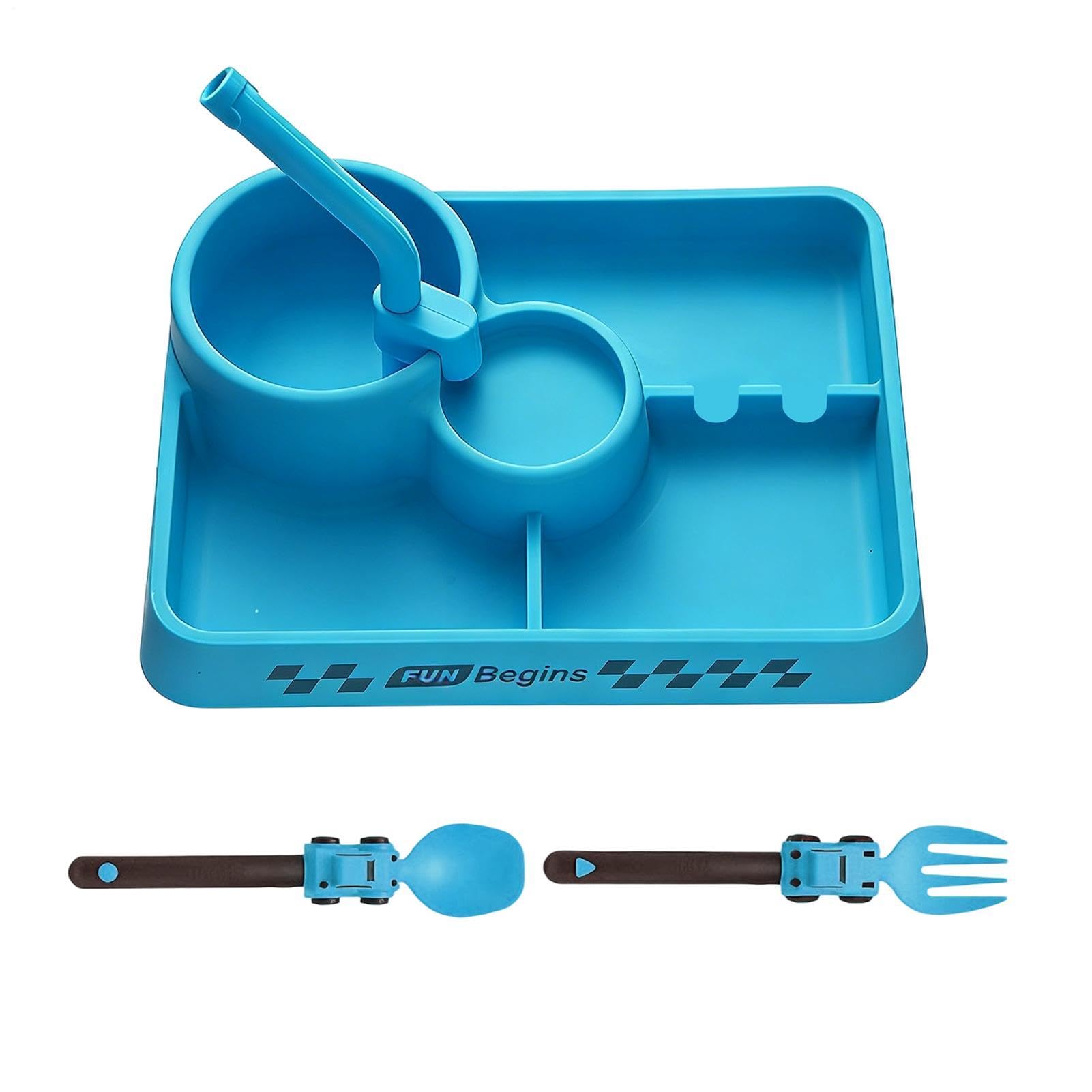 Ensemble d'ustensiles de repas Silicone Portable Autonome Set Table Enfant | Assiettes Compartimentées Couverts Pour Maison École Anniversaire Garçons Filles