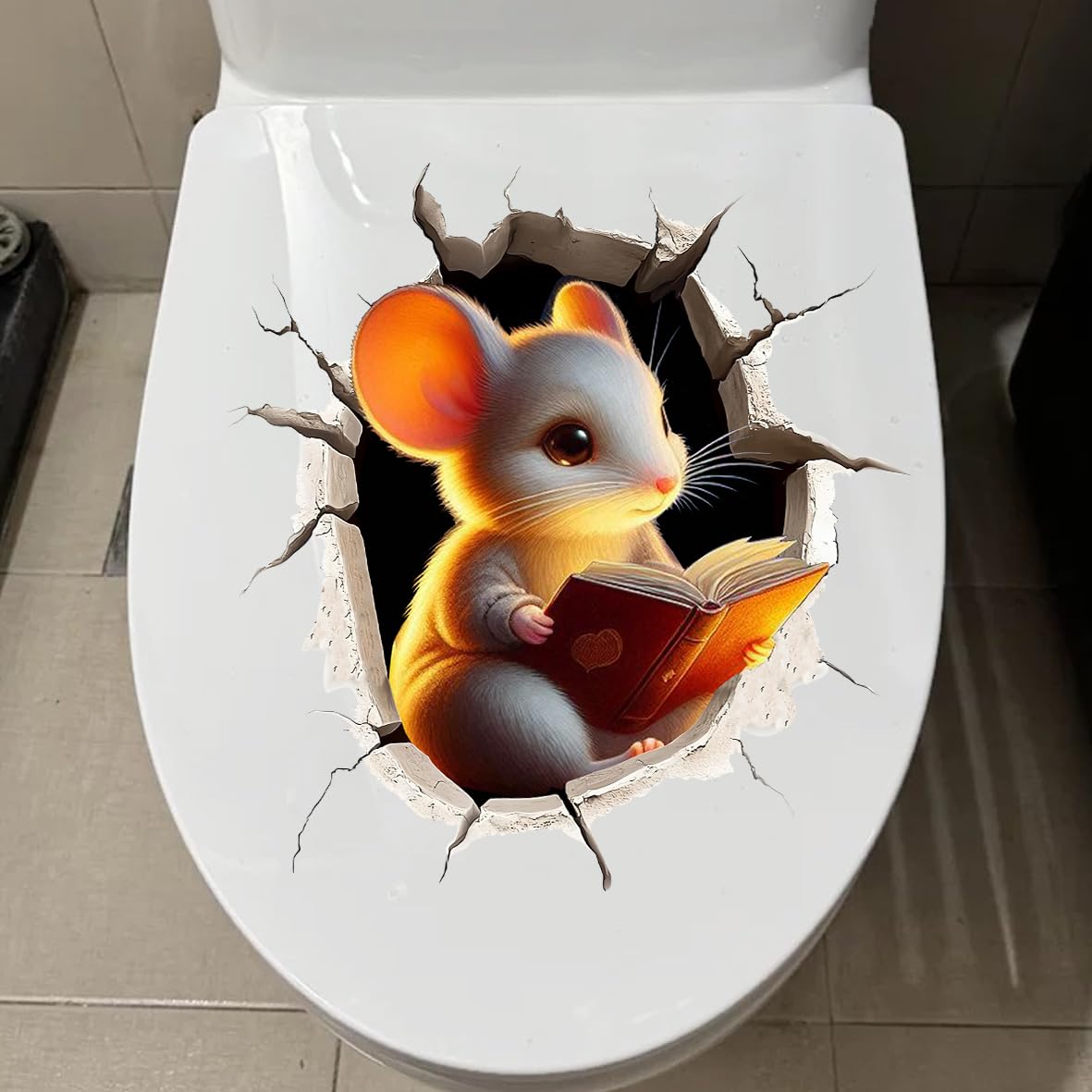 Mouse Reading Book Toilet Sticker Decal Mouse Hole Sticker with 3D Effect,Squirrel MouseToilet Seat Lid Cover Decoration (White Mouse)