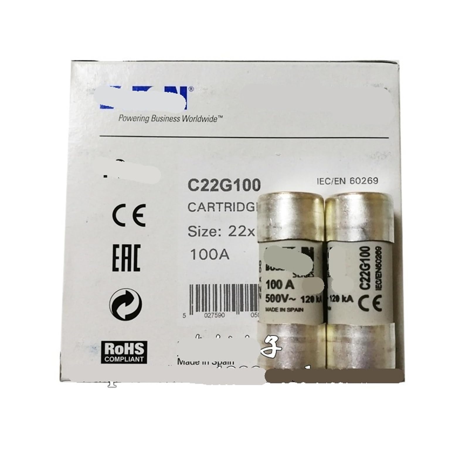 Fusible C22G100 100A 500V cylindrique industriel de taille 22 x 58 mm pour protection