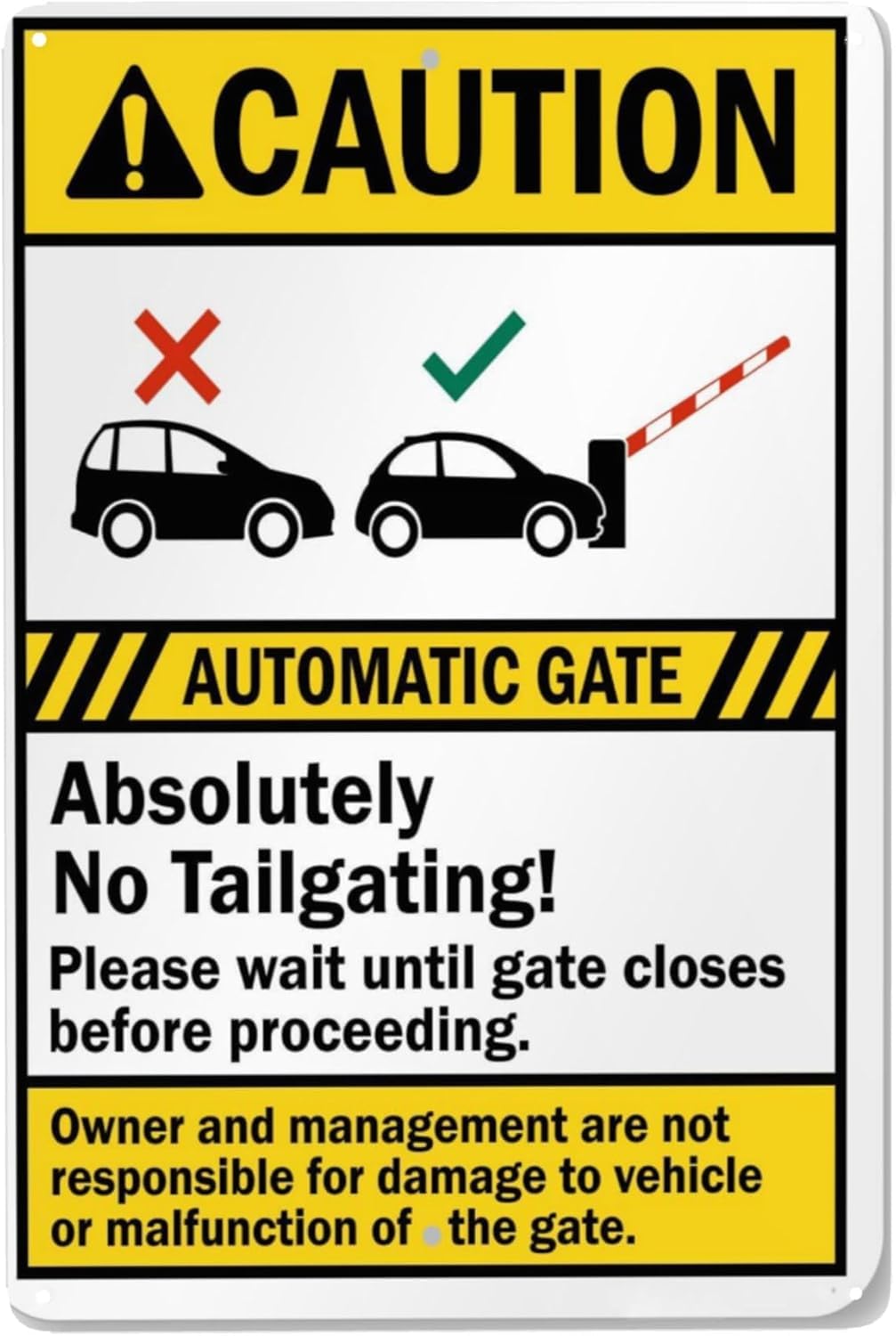 Bdeyfg Colour4 Gate Caution Sign Automatic Gate, Absolutely No Tailgating, Wait Until Gate Closes Before Proceeding Tin Warning Metal Sign Vintage Wall Decor For Home 8X12 Inch