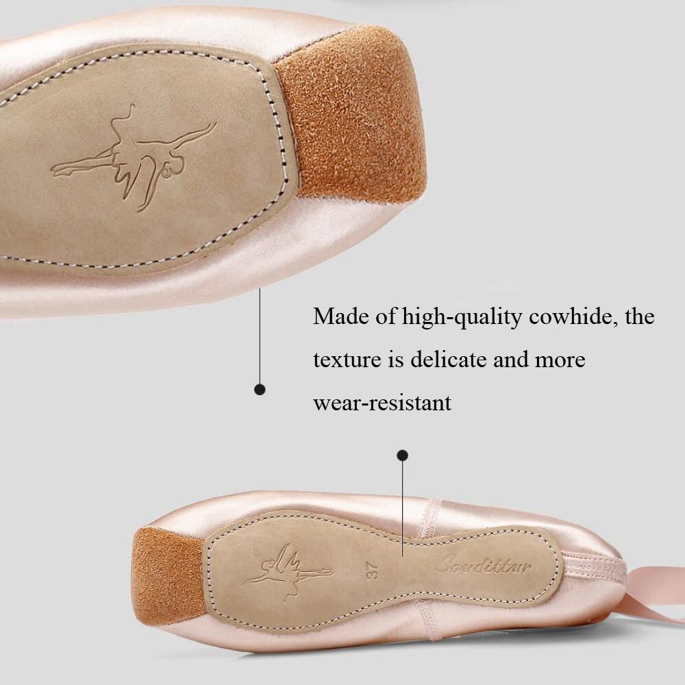 Zapatillas de Ballet de Punta Pointe Zapatos Satén con Suela de Cuero y Cintas para Niñas Rosa