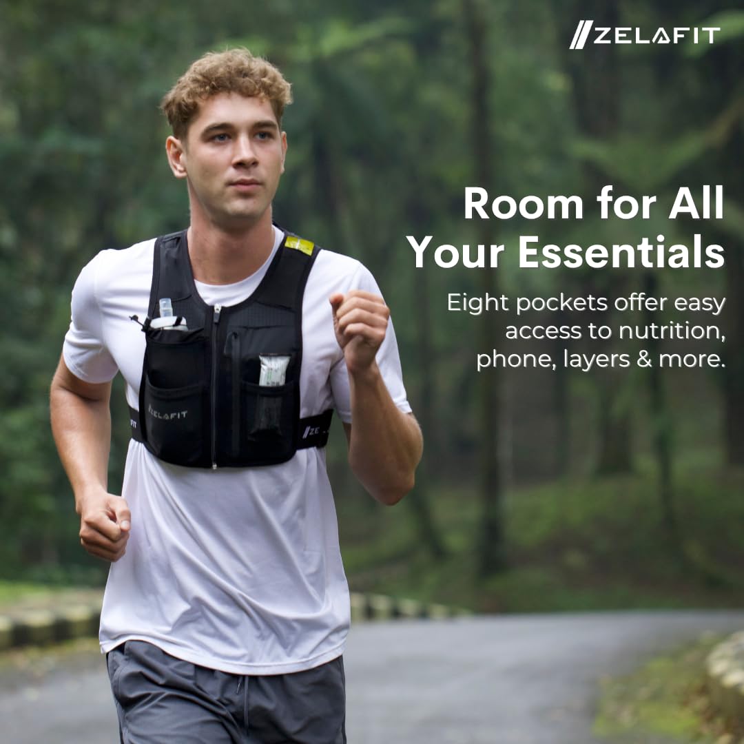 ZelaFit® Running Vest with Rechargeable Leds & Micro USB Charging Cables, Water Bottle and Straw - Reflective Hydration Vest with 8 Pockets - Running Backpack Alternative in 2 Sizes - Men & Women