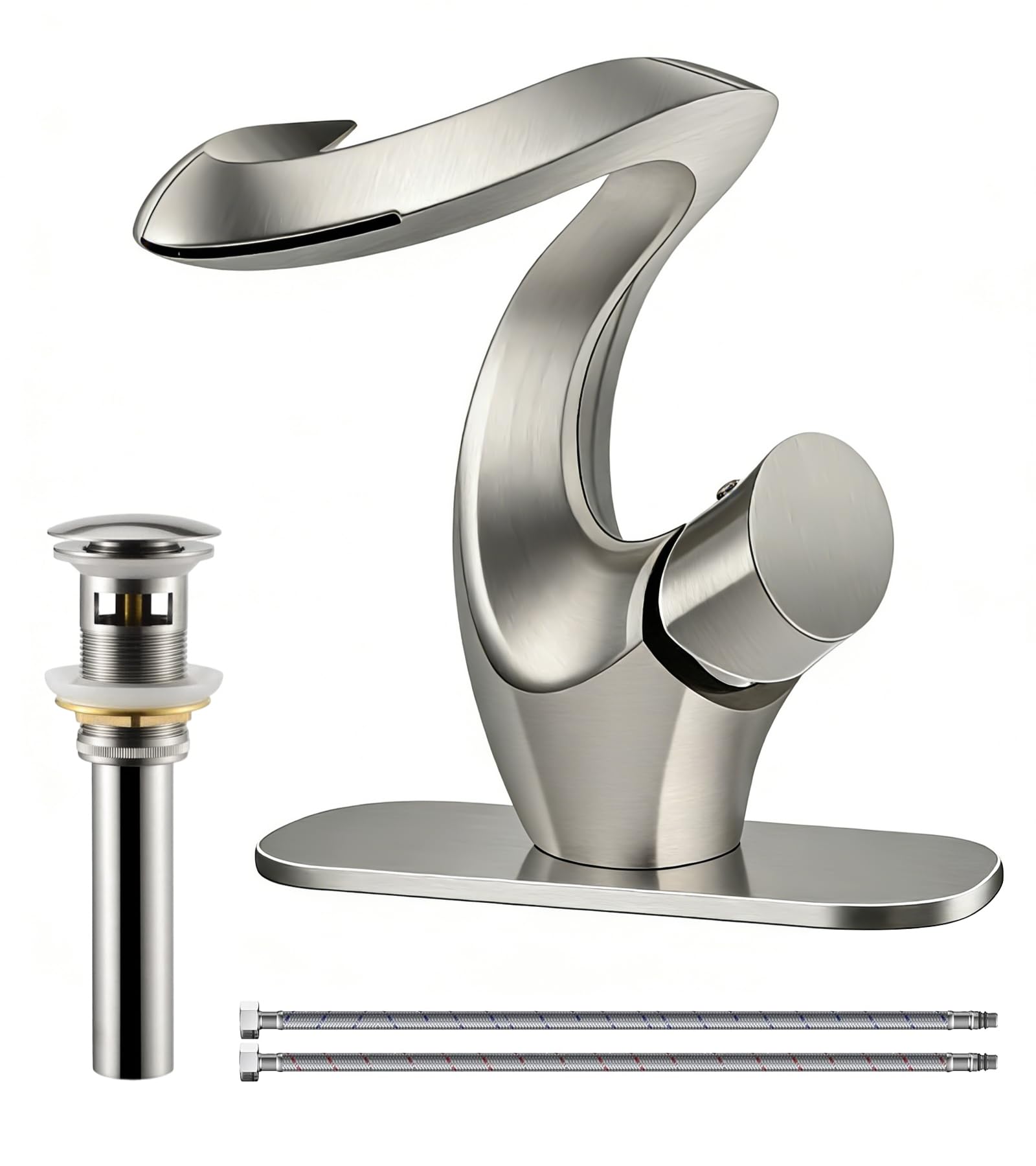 Elegant Alien Brushed Nickel Bathroom Sink Faucet Single Hole AUU Waterfall Vanity Sink Faucet Solid Brass Single Handle