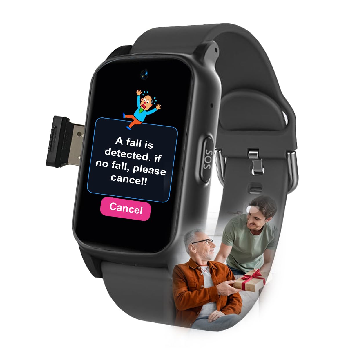 Bracelet Alarme Personne Agee, Détection De Chute Montre Connectée, Montre Traceur GPS Appel Vocal HD Et Étanche, Montre Connectée Petit PoignetBlack,1.25 * 0.57 * 2.22inch