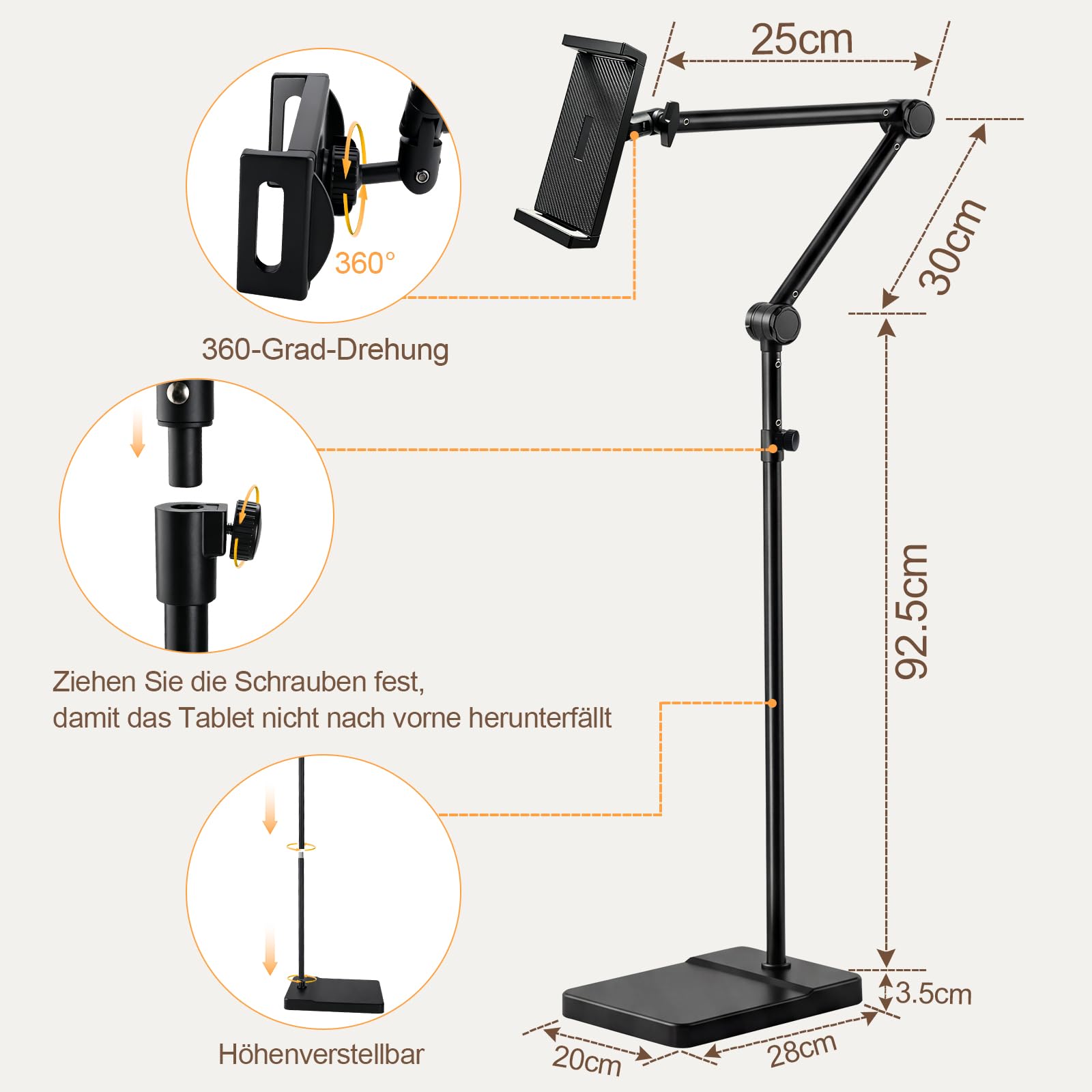 Tablet Bodenständer 360° drehbar, stabil, für Bett & Sofa, 4,9-9,8 Zoll | 2,5 kg Standfuß, höhenverstellbar, kratzfest, für Tablets, Smartphones, Kindle, 4,9-9,8 Zoll (schwarz)
