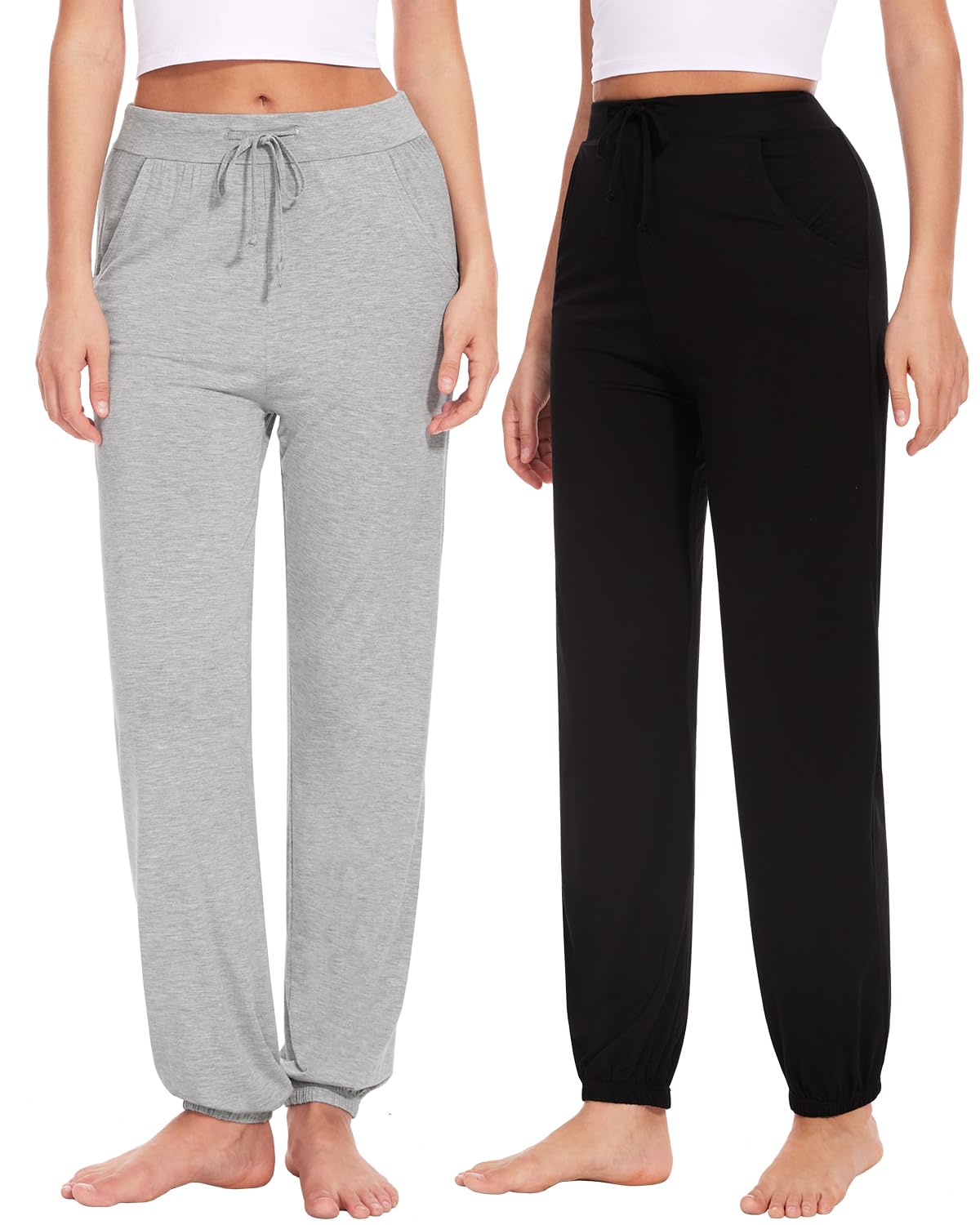 Knuffnee Damen Schlafanzughose Lang Pyjamahose Weiche Jogginghose Freizeithose mit Taschen 2 Pack