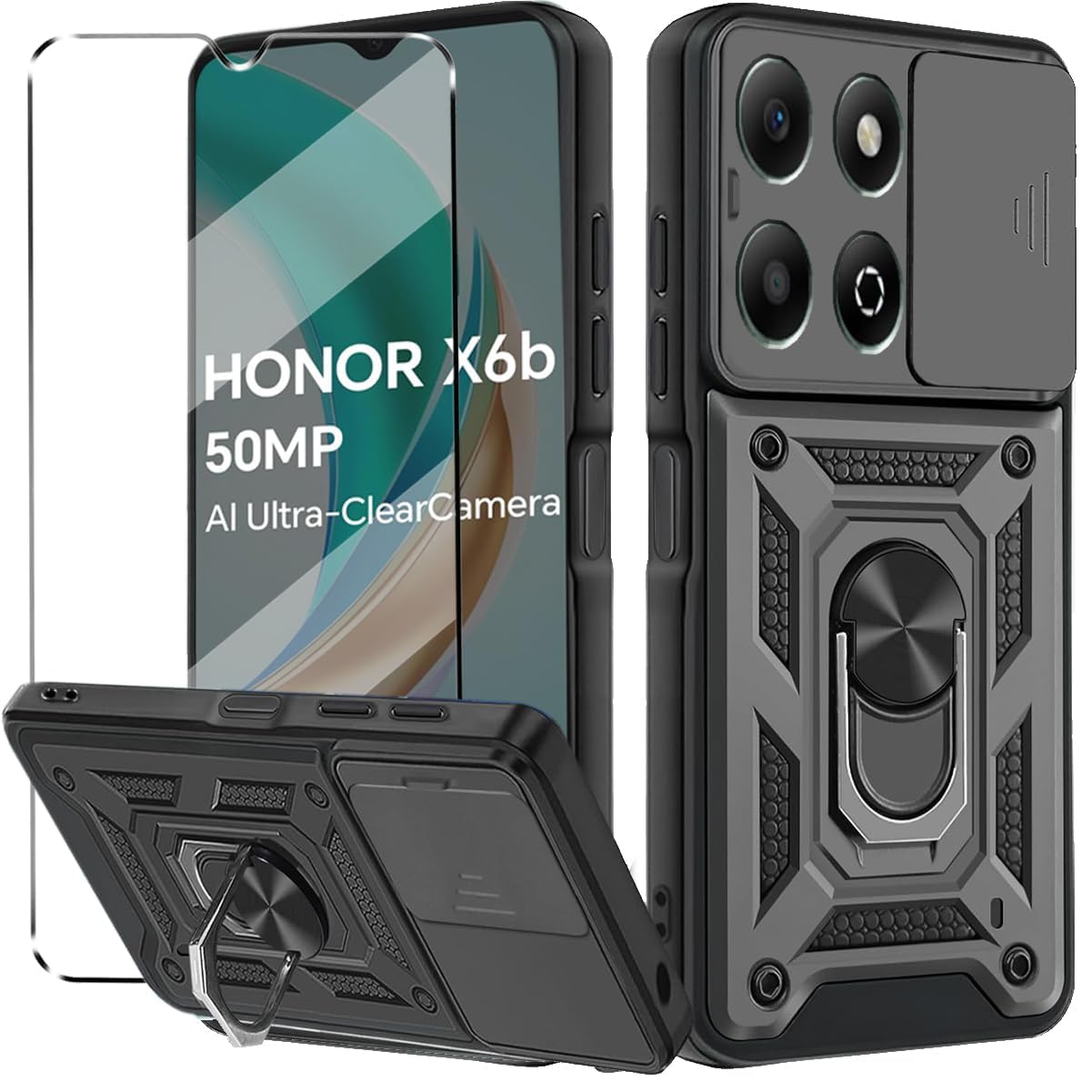 Honor X6B 2-in-1 Tempered Glass Case with Slide Camera Protection Cover Screen Protector Heavy Duty Military Grade Protective Cover phone holder Case, Black
