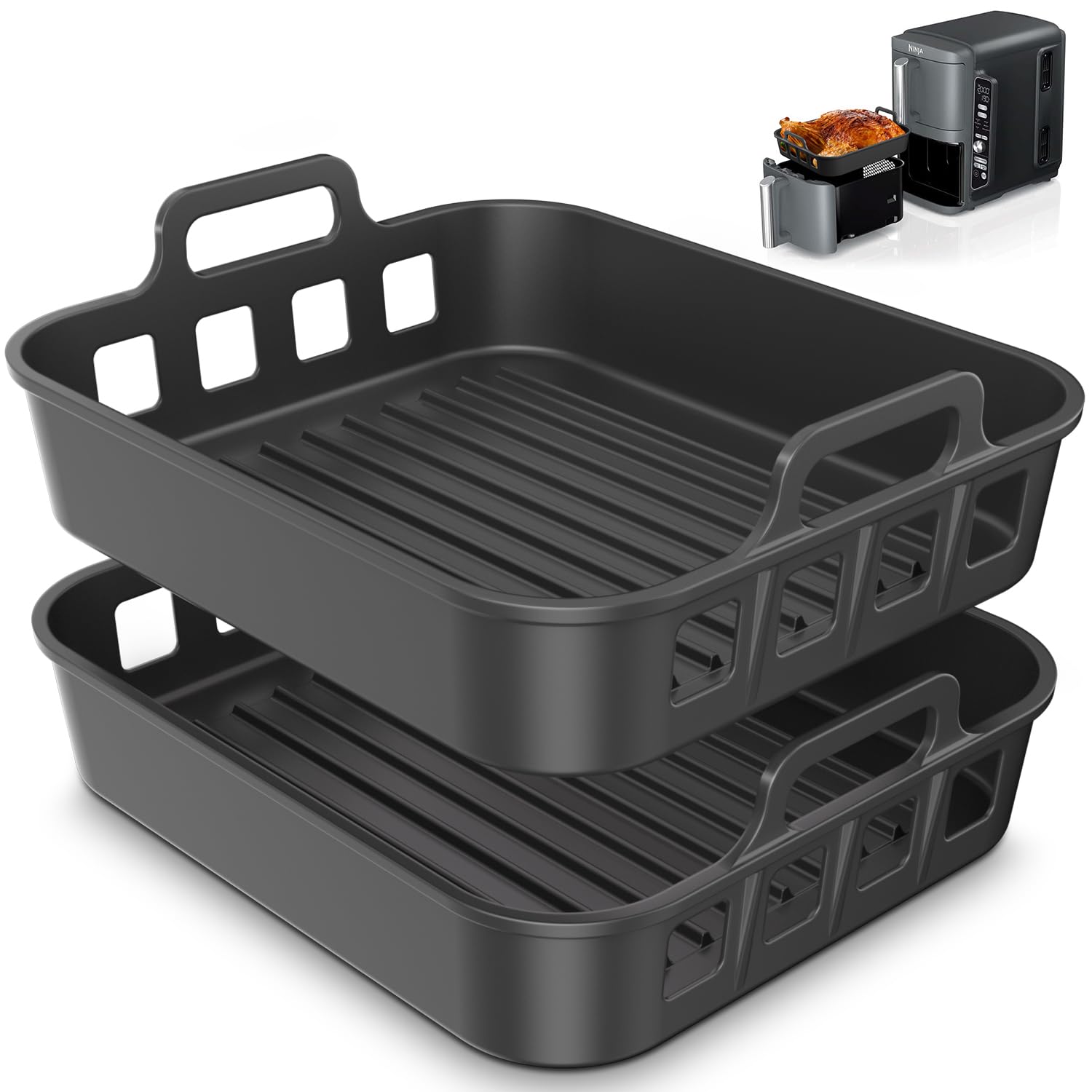 PINTAUR Silicone Air Fryer Liners 2 Pcak for Ninja DZ401 DZ550 DZ302 SL401 SL451 COSORI, Chefman, Instant DoubleStack XL Air Fryer and 6-in-1 9-10QT Dual Baskets, Reusable AirFryer Accessories