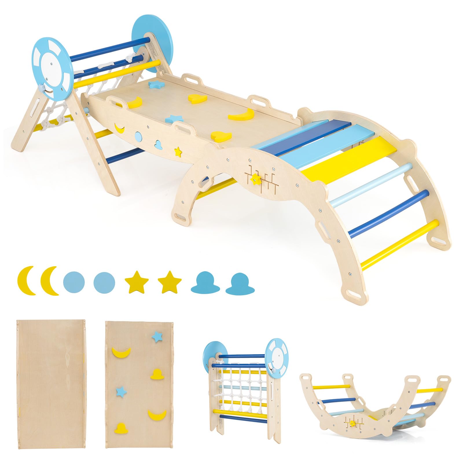 RELAX4LIFE Set da Arrampicata per Bambini, Triangolo di Arrampicata con Scivolo e Arco, Gioco di Incastri in Legno (Marinaio con Rete-3 Pezzi | Macaron)