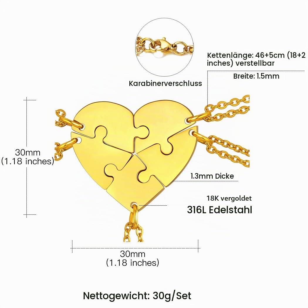 Suplight Freundschaftsketten personalisiert Namensketten 18k vergoldet/Edelstahl 2/3/4/5/6 teilige Herz Puzzle mit 46+5cm/1,5mm Rolokette Gravur für Damen Herren mit Geschenkbox