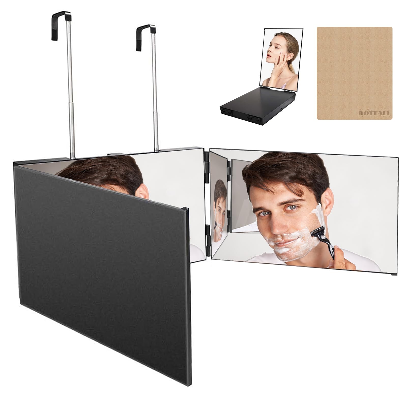 Dottall Espejo de 360 grados, espejo de 3 vías con gancho, espejo cosmético ajustable, espejo de afeitar, espejo de peluquería para baño, dormitorio, ducha, afeitado, corte