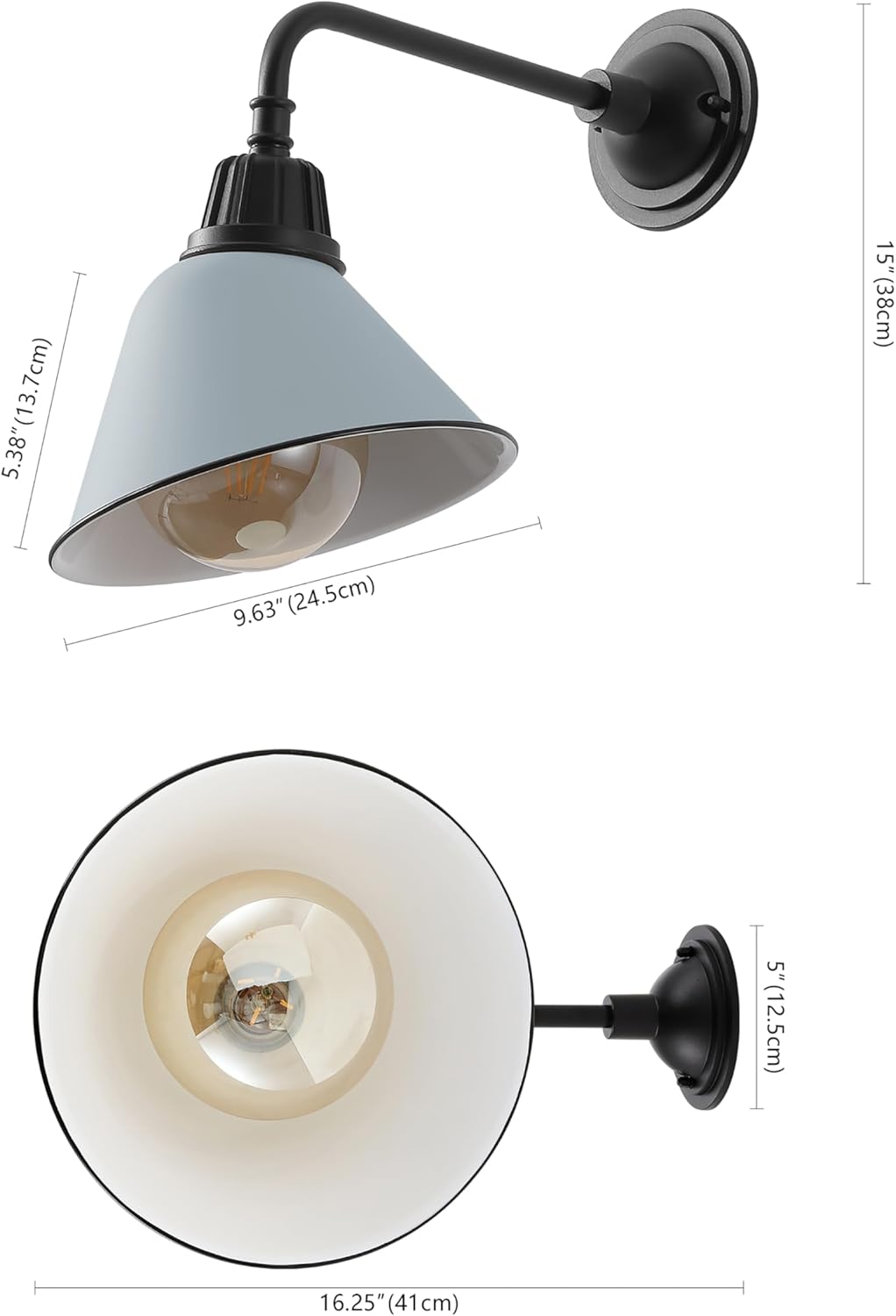JONATHAN Y 9.63" Matte Silver Blue/Black Farmhouse Outdoor Sconce, Industrial LED Wall Light, Gooseneck Arm Barn Lamp with Metal Bell Shade for Porch, Patio, Kitchen, LED Bulb Included (JYL7612K)