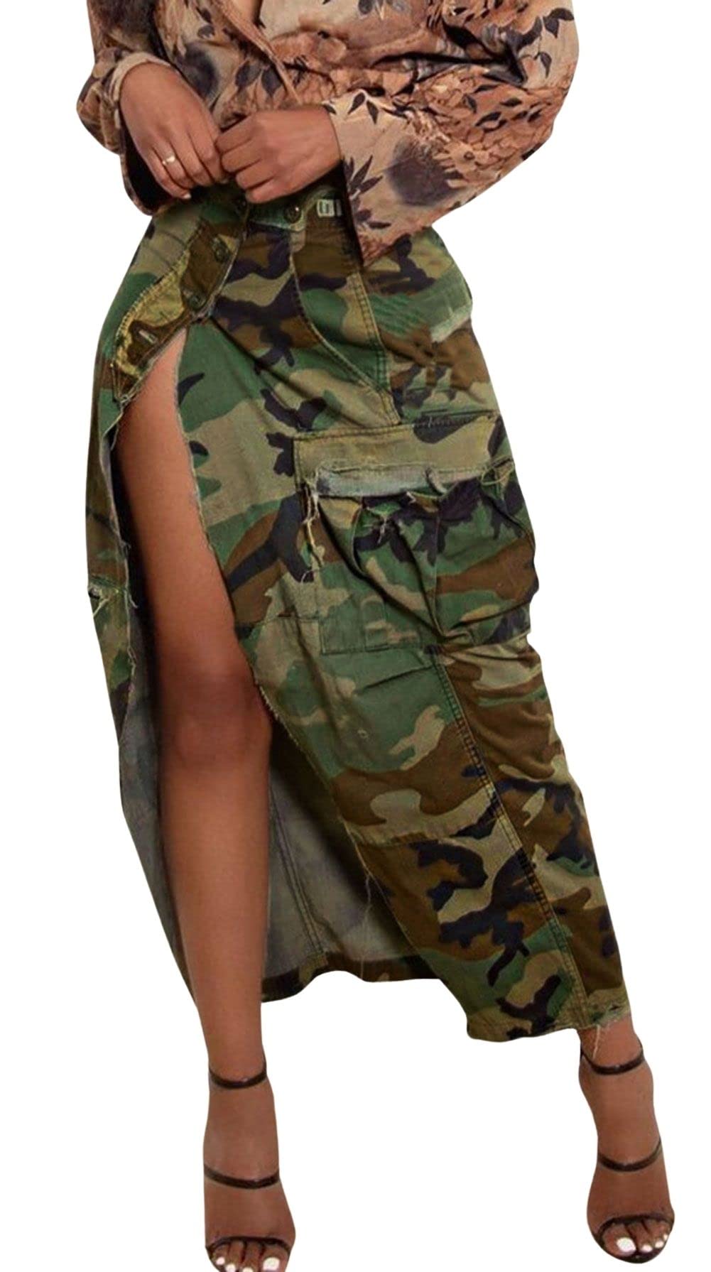 CHARTOU Women's Camouflage Pencil Skirt, Button Slit, Cargo Pocket, Army Green, S