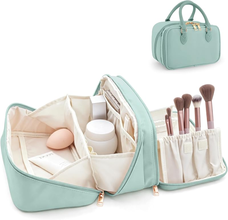 Necessaire de maquiagem HauteHues com divisórias e porta-pincéis, azul