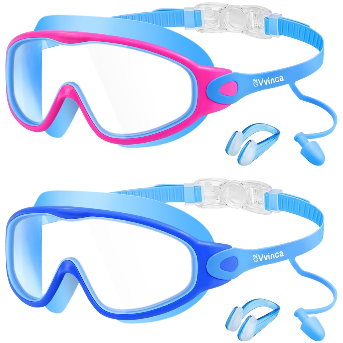 Vvinca Lunettes de natation pour enfants avec bouchons d'oreilles et pince-nez - Lunettes de natation anti-buée/UV pour garçons et filles de 3 à 15 ans