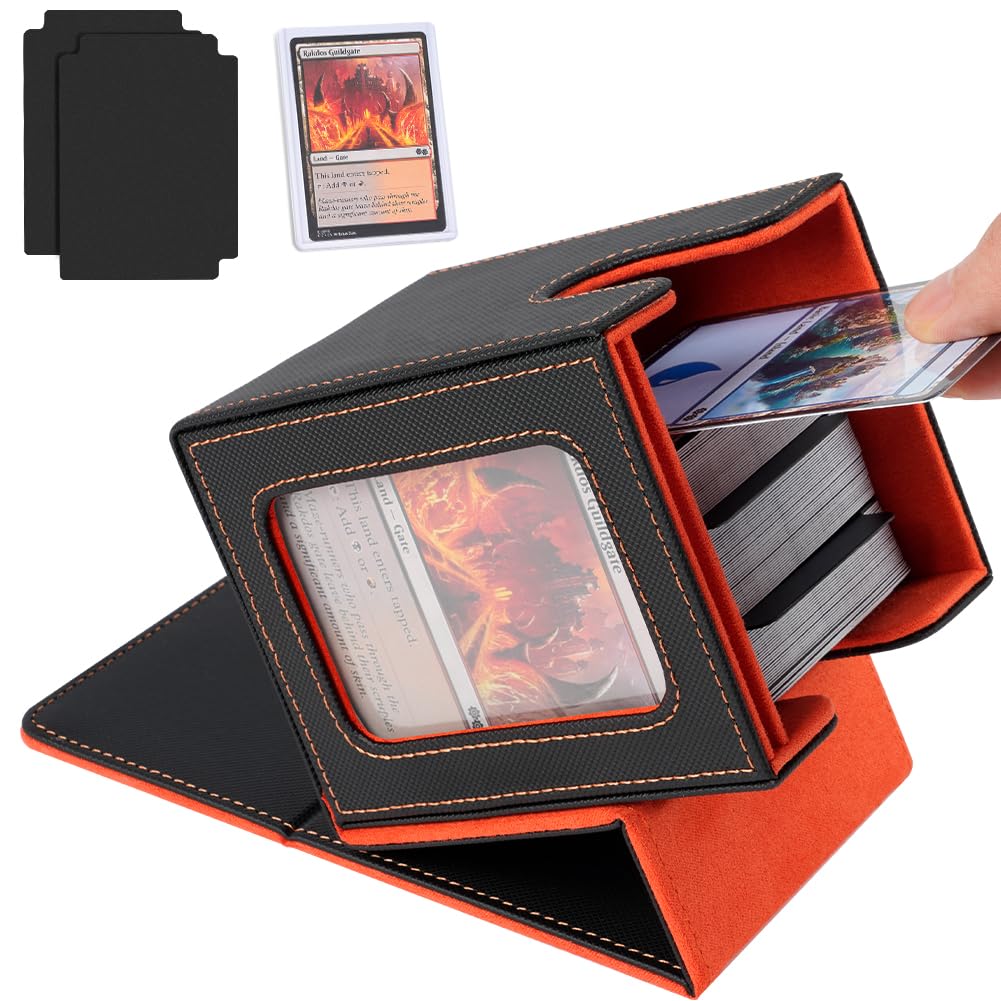 Aolso Card Deck Box for MTG Commander, Magnetic Card Display Case with 2*Dividers,1*Toploader and 1*Dice Bag, PU Leather Storage Box Fits 100 Double Sleeved Cards-Orange